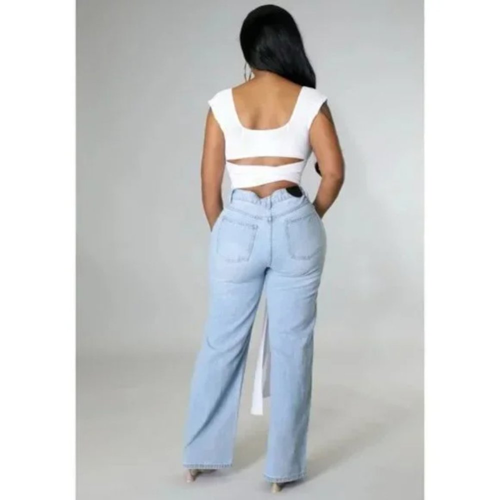 Blue High Waist Ripped Distressed Wide Leg Jeans Denim Pants - Picture 7 of 12